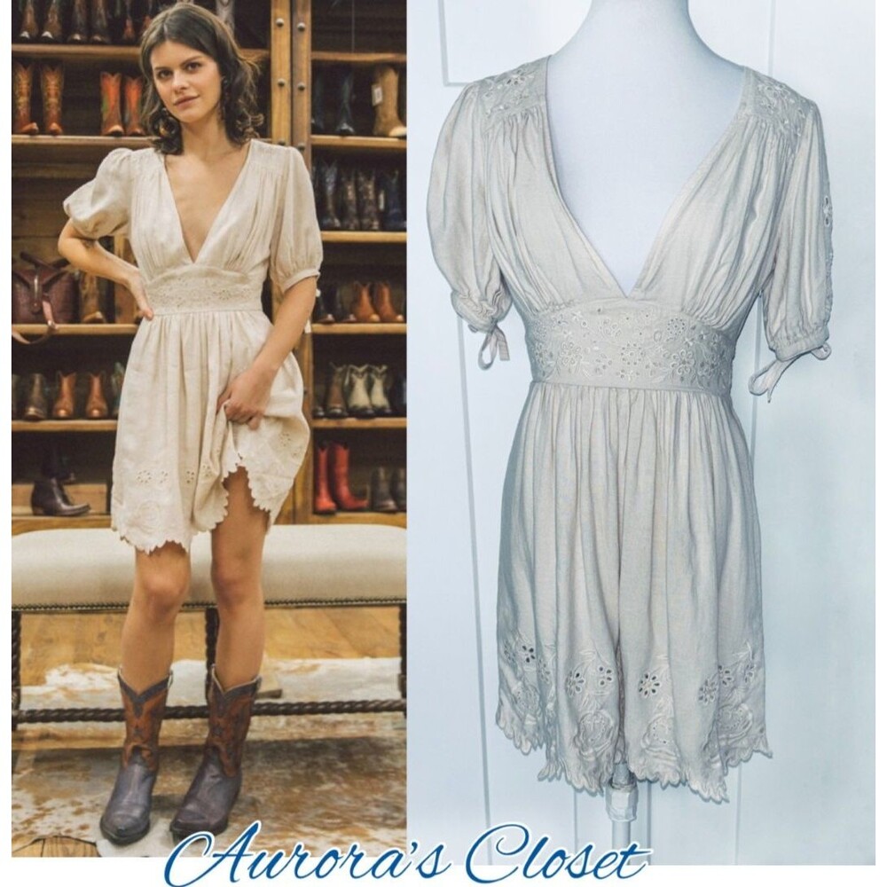 Spell & The Gypsy S Cream Mini Dress Eyelet V Neck Empire Cap Sleeve Imogen $269